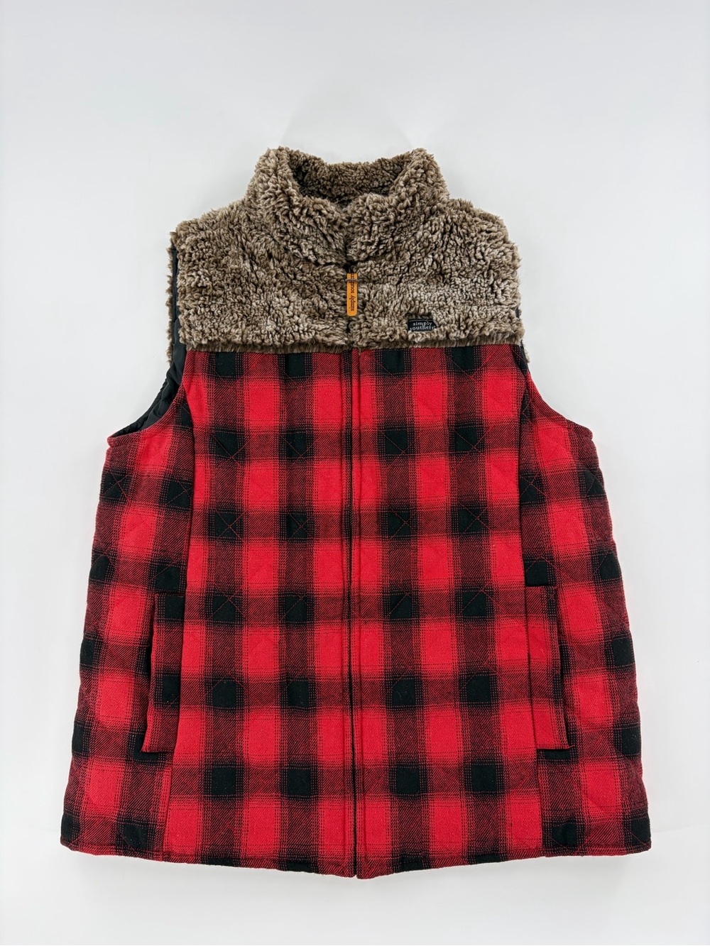 Simply Southern Red Sherpa-Trim Plaid Vest